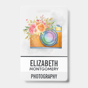 Boho Orange Camera & Floral Bouquet Watercolor ID Badge