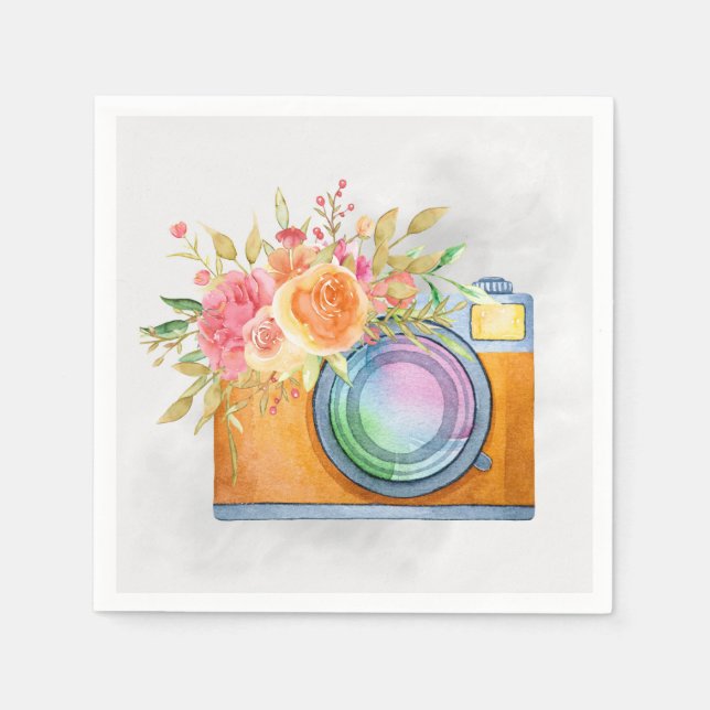 Boho Orange Camera & Floral Bouquet Watercolor Napkin (Front)