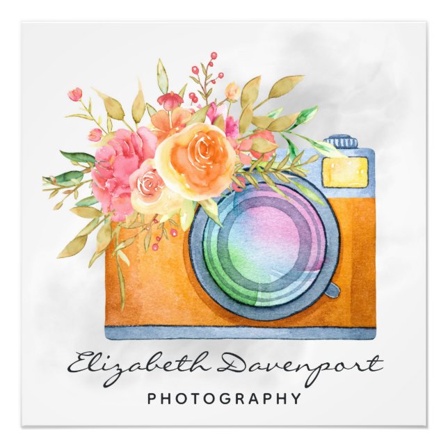 Boho Orange Camera & Floral Bouquet Watercolor Photo Print (Front)