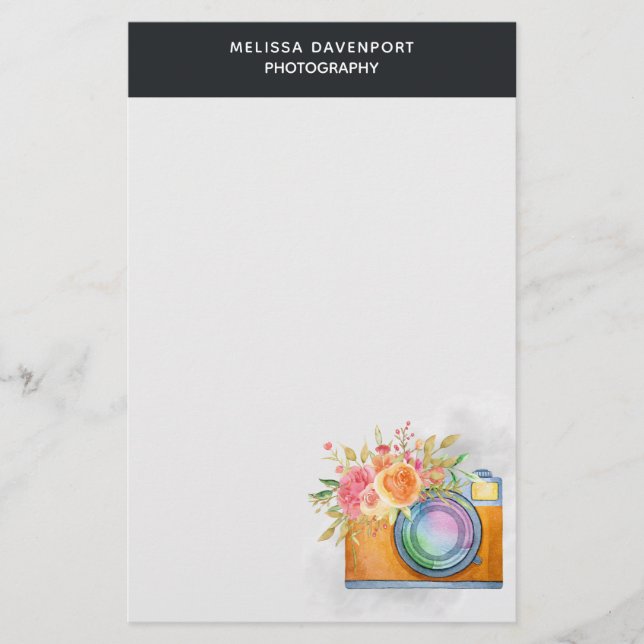 Boho Orange Camera & Floral Bouquet Watercolor Stationery (Front)