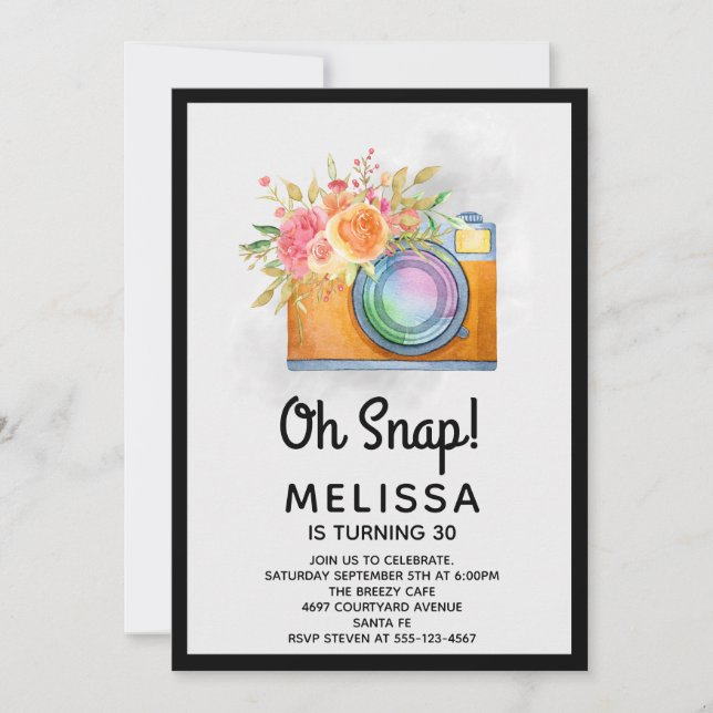 Boho Orange Camera & Flowers Watercolor Birthday Invitation (Front)
