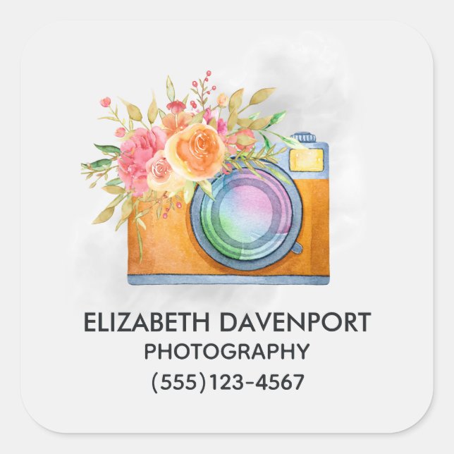 Boho Orange Camera & Flowers Watercolor Business Square Sticker (Front)