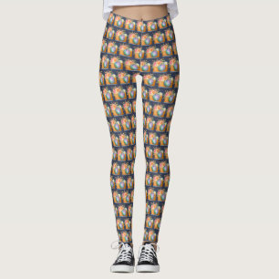 Boho Orange Camera & Flowers Watercolor Pattern Leggings