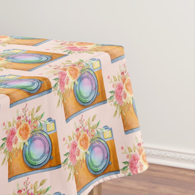 Boho Orange Camera & Flowers Watercolor Pattern Tablecloth (In Situ)