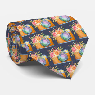 Boho Orange Camera & Flowers Watercolor Pattern Tie