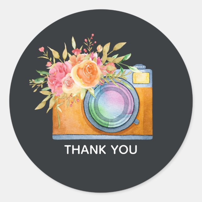 Boho Orange Camera & Flowers Watercolor Thank You Classic Round Sticker (Front)