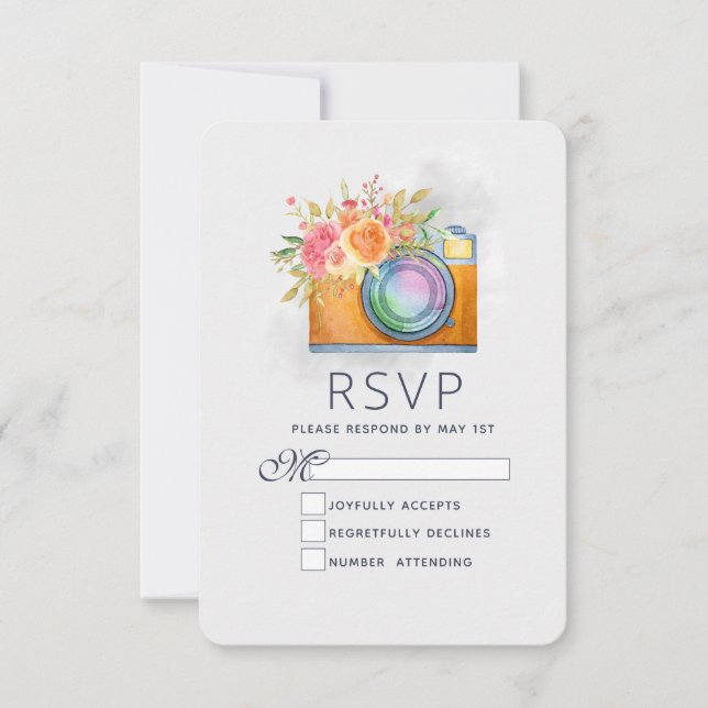 Boho Orange Camera & Flowers Watercolor Wedding RSVP Card (Front)