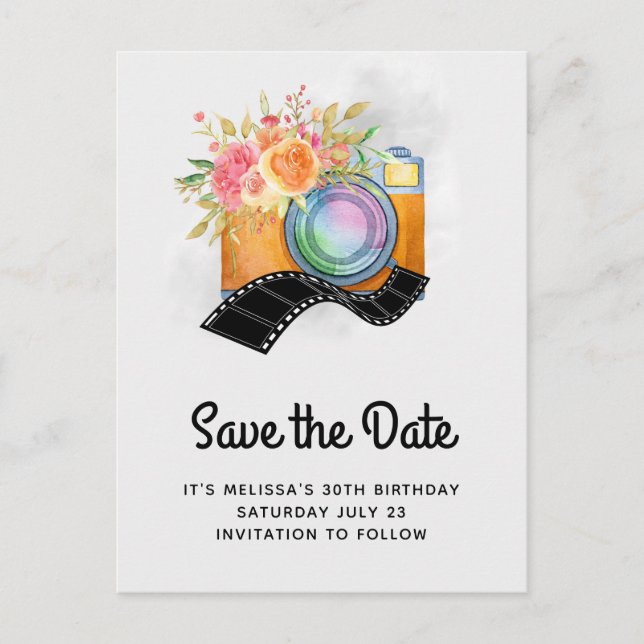 Boho Orange Camera Watercolor Save the Date Postcard (Front)