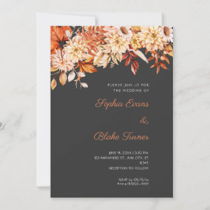 Boho Orange Floral Winter Pebble Grey Wedding Invitation