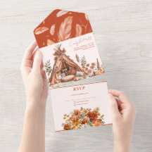 Boho Orange Flowers All In One Wedding  Invitation