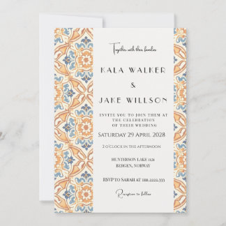 Boho Orange Geometric Italian Tile Wedding Invitation