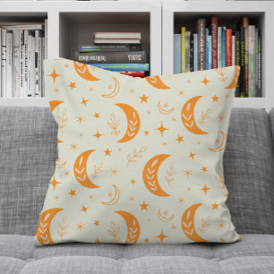 Boho orange moon ,stars and sparkles  pattern   cushion