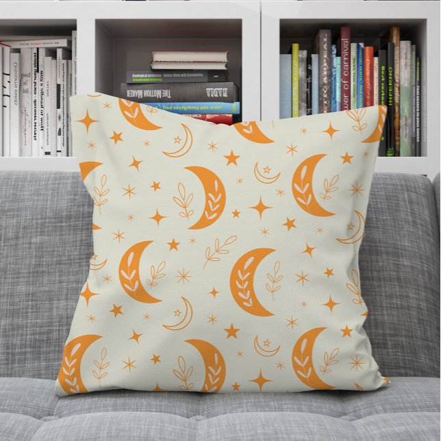 Boho orange moon ,stars and sparkles  pattern   cushion (Creator Uploaded)