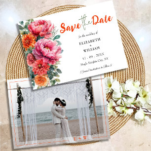 Boho Orange & Pink Floral Photo Initials Wedding Save The Date