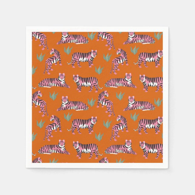 Boho Orange Pink Jungle Tigers Napkin (Front)