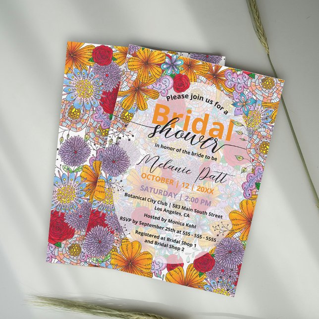 Boho Orange Red Purple Garden Floral Bridal Shower Invitation (Creator Uploaded)