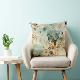 Boho Orange Teal Butterfly Wildflower Painterly Cushion