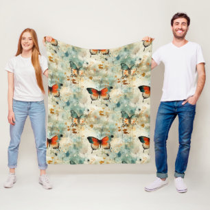 Boho Orange Teal Butterfly Wildflower Painterly Fleece Blanket