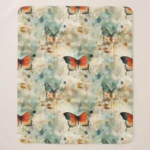 Boho Orange Teal Butterfly Wildflower Painterly Sherpa Blanket