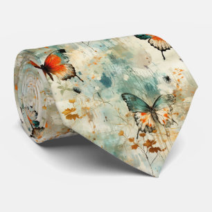 Boho Orange Teal Butterfly Wildflower Painterly Tie