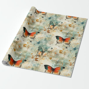 Boho Orange Teal Butterfly Wildflower Painterly Wrapping Paper