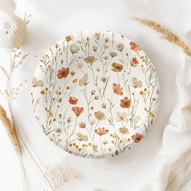 Boho Orange Wildflower Baby in Bloom Baby Shower Paper Plate (Elegant baby in bloom baby shower wildflower pattern  paper bowl for moms-to-be who love flowers!)