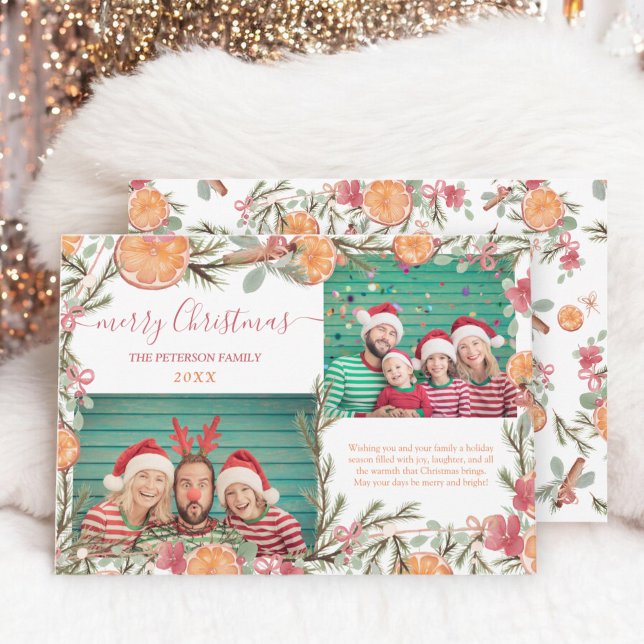 Boho Oranges pine branch 2 photos Merry Christmas Holiday Card (Boho Oranges pine branch 2 photos Merry Christmas Holiday Card)