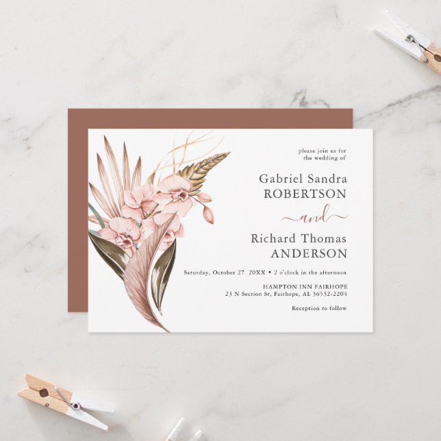 Boho Orchid Pampas Terracotta Wedding Invitation (Front/Back In Situ)