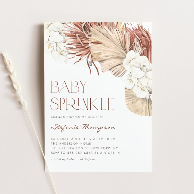 Boho Orchids and Dried Palm Leaves Baby Sprinkle Invitation (Creator Uploaded)