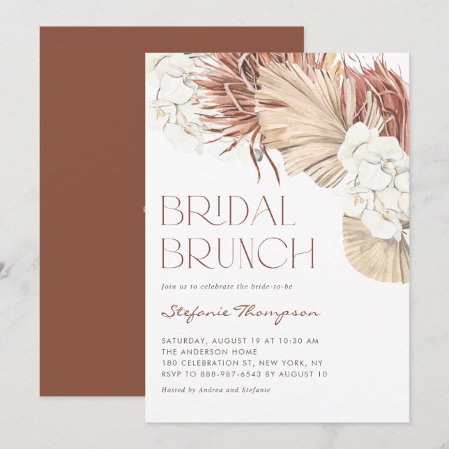 Boho Orchids and Dried Palm Leaves Bridal Brunch Invitation (Front/Back)