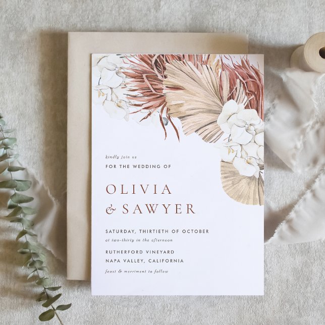 Boho Orchids and Dried Palm Leaves QR Code Wedding Invitation (This QR code wedding invitation is perfect for modern weddings with a natural or boho theme.)