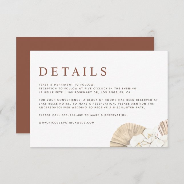 Boho Orchids and Dried Palm Leaves Wedding Details Enclosure Card (Front/Back)