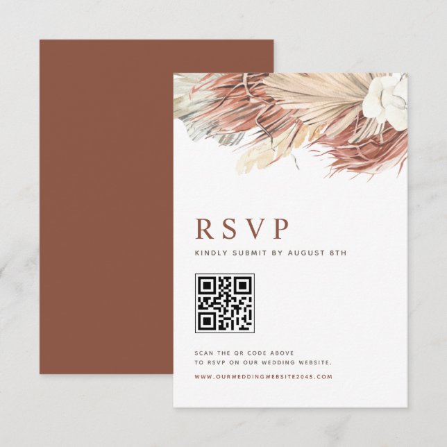 Boho Orchids and Dried Palm Leaves Wedding QR Code RSVP Card (Front/Back)