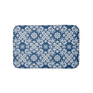 Boho Ornament Pattern in White-Blue Vintage Bath Mat