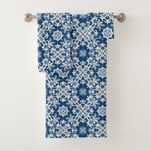 Boho Ornament Pattern in White-Blue Vintage Bath Towel Set