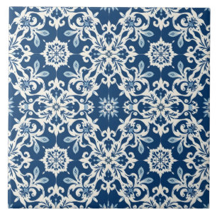 Boho Ornament Pattern in White-Blue Vintage Ceramic Tile