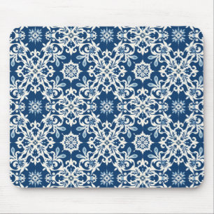 Boho Ornament Pattern in White-Blue Vintage Mouse Pad