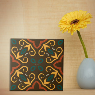 Boho Ornate Folklore Pattern in Earthy Colours Ceramic Tile