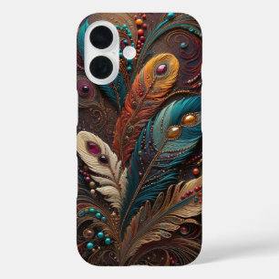 Boho Ornate Metallic Teal Orange Leather iPhone 16 Case