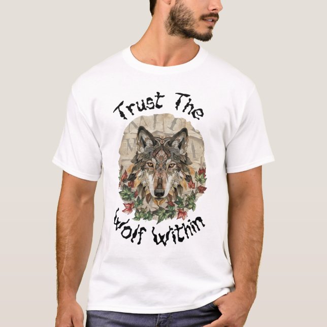 Boho Ornate Wolf with Leaves T-Shirt (Front)