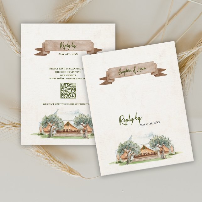 Boho Outdoor Tent Wedding RSVP Card with QR Code (Boho Outdoor Tent Wedding RSVP Card with QR Code | Rustic Watercolor Camp Wedding Reply Card)