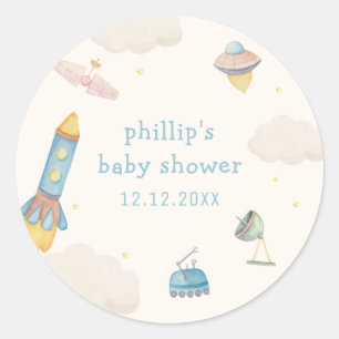Boho Outer Space Rocket Boy Baby Shower Classic Round Sticker