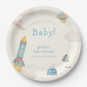Boho Outer Space Rocket Boy Baby Shower Paper Plate