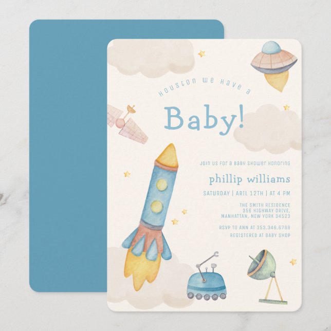 Boho Outer Space Spaceship Rocket Baby Shower Invitation (Front/Back)