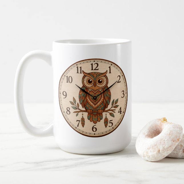 Boho Owl Large Wall Clock Coffee Mug (With Donut)