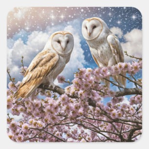 Boho Owls in Flowers Blooms Square Sticker