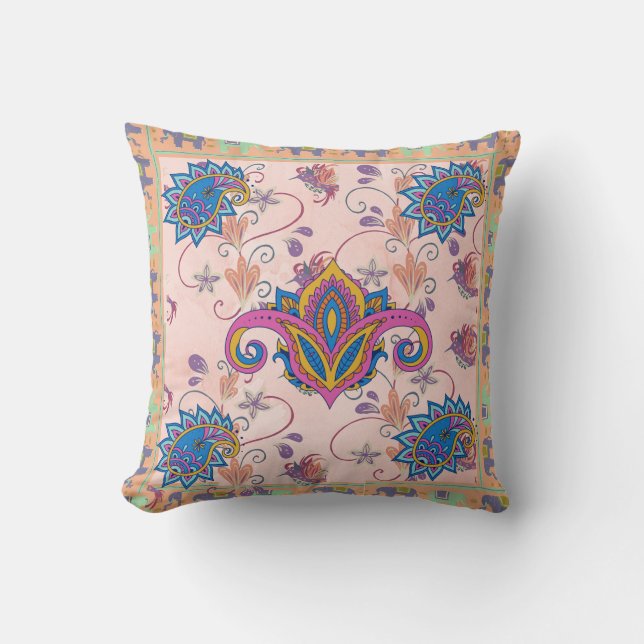 Boho paisley and elephant pattern_lmandala artwork cushion (Front)