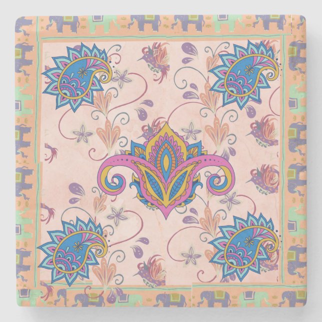 Boho paisley and elephant pattern_lmandala artwork stone coaster (Front)