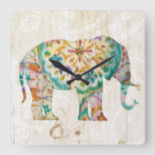 Boho Paisley Elephant I Square Wall Clock