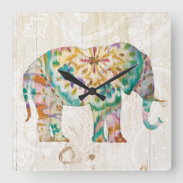 Boho Paisley Elephant I Square Wall Clock (Front)
